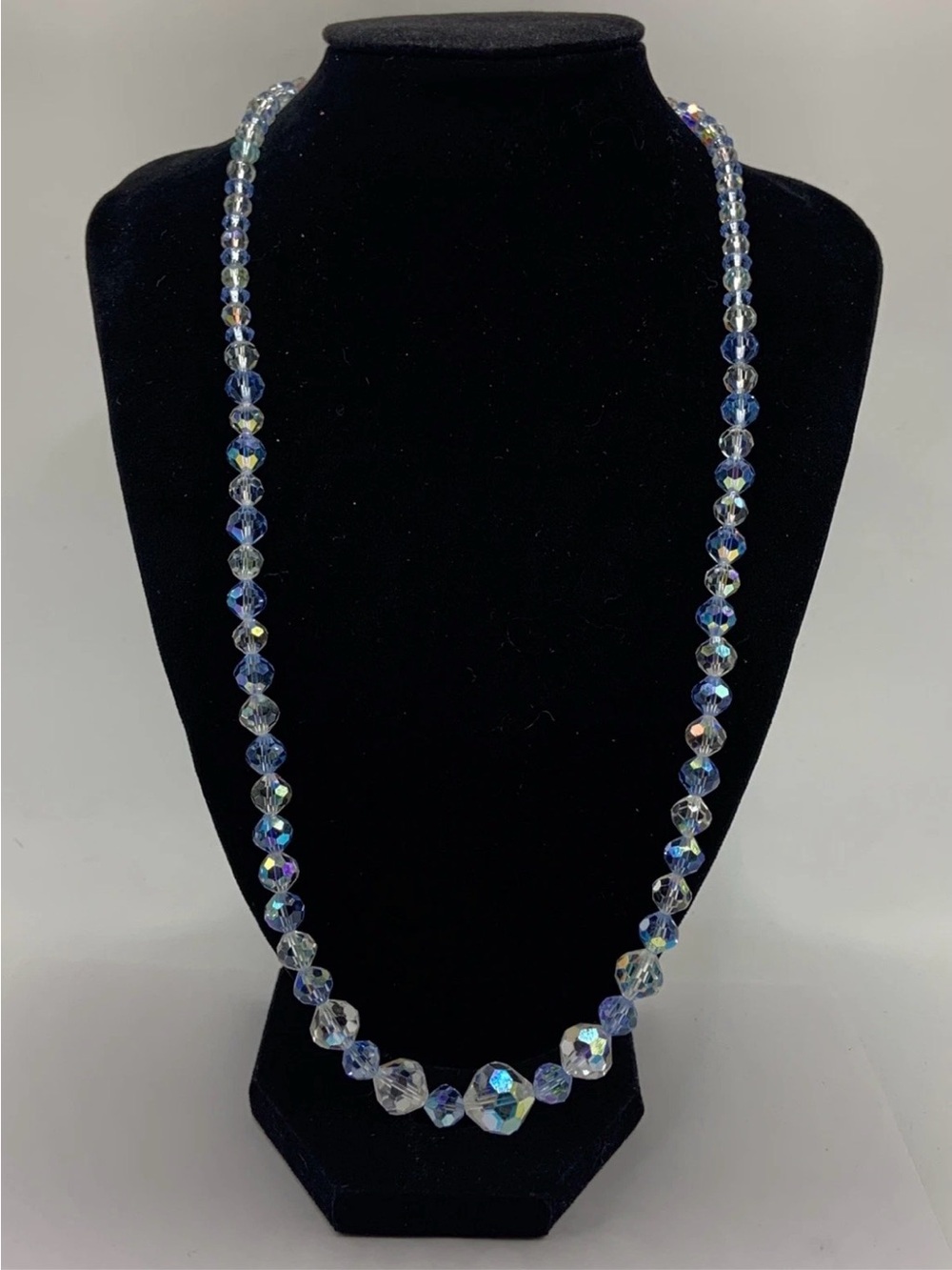 Vintage Aurora Borealis Bead Necklace - Blue, Clear